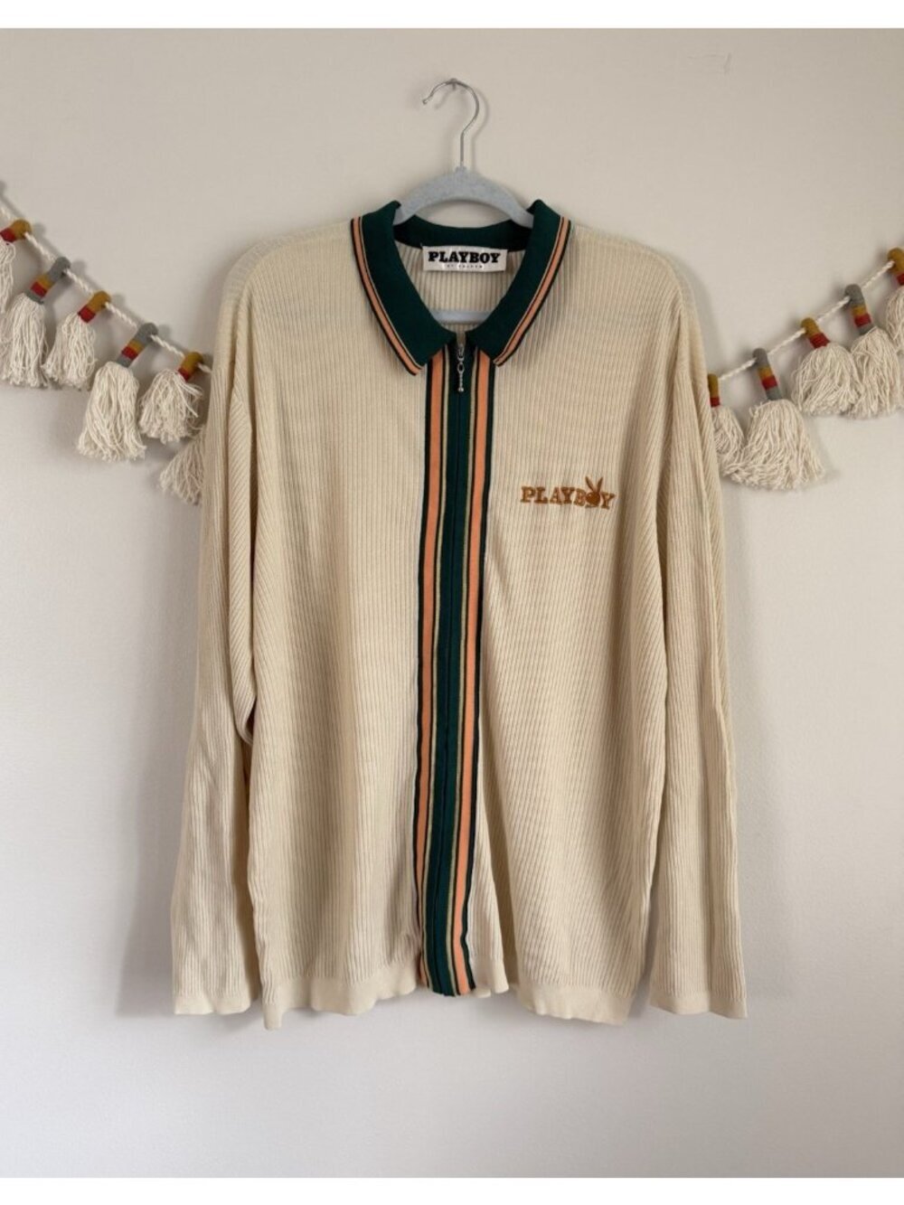 Playboy By Pacsun Cream Ribbed Knit Full Zip Cardigan Preppy Retro Relax Mens L